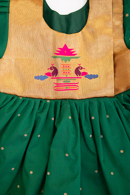 Radnyee Set - Dark Green Paithani Peacock Motif and delicate butta brocade silk,front open newborn dress for naming ceremony with coordinated bonnet, bloomer and booties