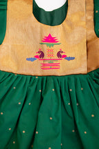 Radnyee Set - Dark Green Paithani Peacock Motif and delicate butta brocade silk,front open newborn dress for naming ceremony with coordinated bonnet, bloomer and booties
