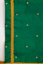 Radnyee Set - Dark Green Paithani Peacock Motif and delicate butta brocade silk,front open newborn dress for naming ceremony with coordinated bonnet, bloomer and booties