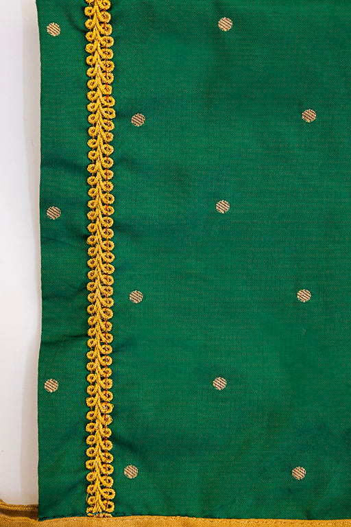 Radnyee Set - Dark Green Paithani Peacock Motif and delicate butta brocade silk,front open newborn dress for naming ceremony with coordinated bonnet, bloomer and booties