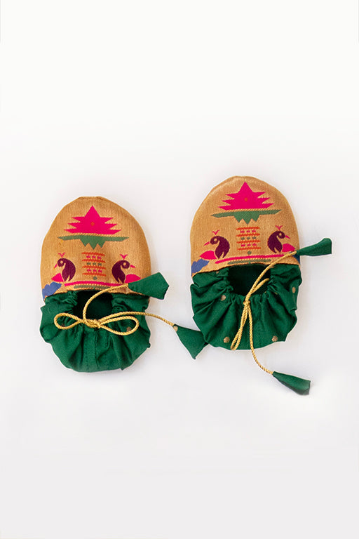 Radnyee Set - Dark Green Paithani Peacock Motif and delicate butta brocade silk,front open newborn dress for naming ceremony with coordinated bonnet, bloomer and booties