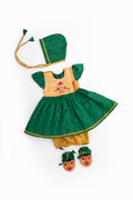 Radnyee Set - Dark Green Paithani Peacock Motif and delicate butta brocade silk,front open newborn dress for naming ceremony with coordinated bonnet, bloomer and booties