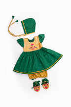 Radnyee Set - Dark Green Paithani Peacock Motif and delicate butta brocade silk,front open newborn dress for naming ceremony with coordinated bonnet, bloomer and booties