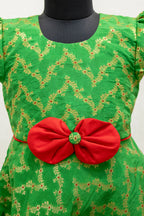 Green Brocade Silk Flared Dress With Puffed Sleeves