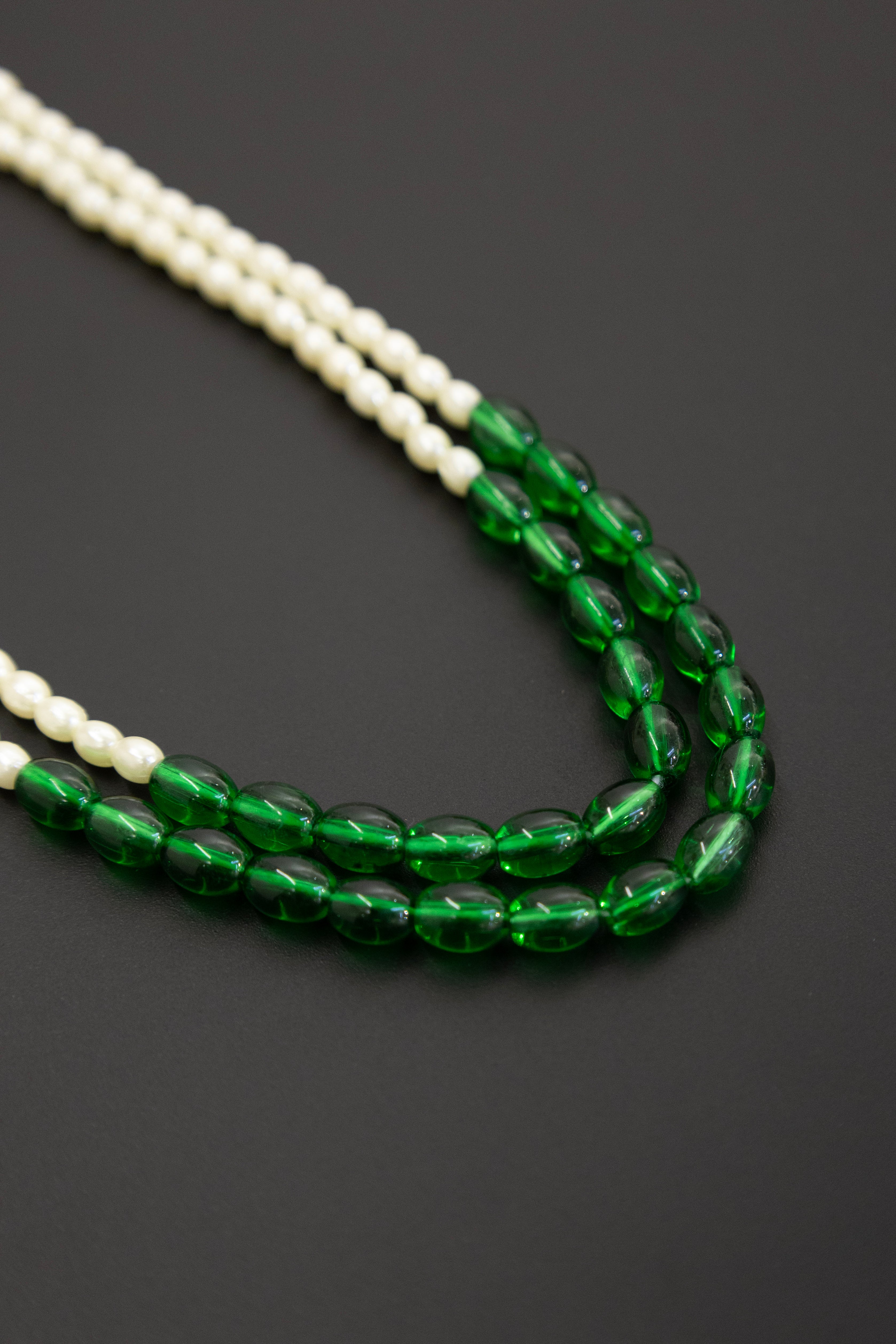 Semicultured Pearl Double Layer Kanthi with Green Oval clear glass beads for Batu