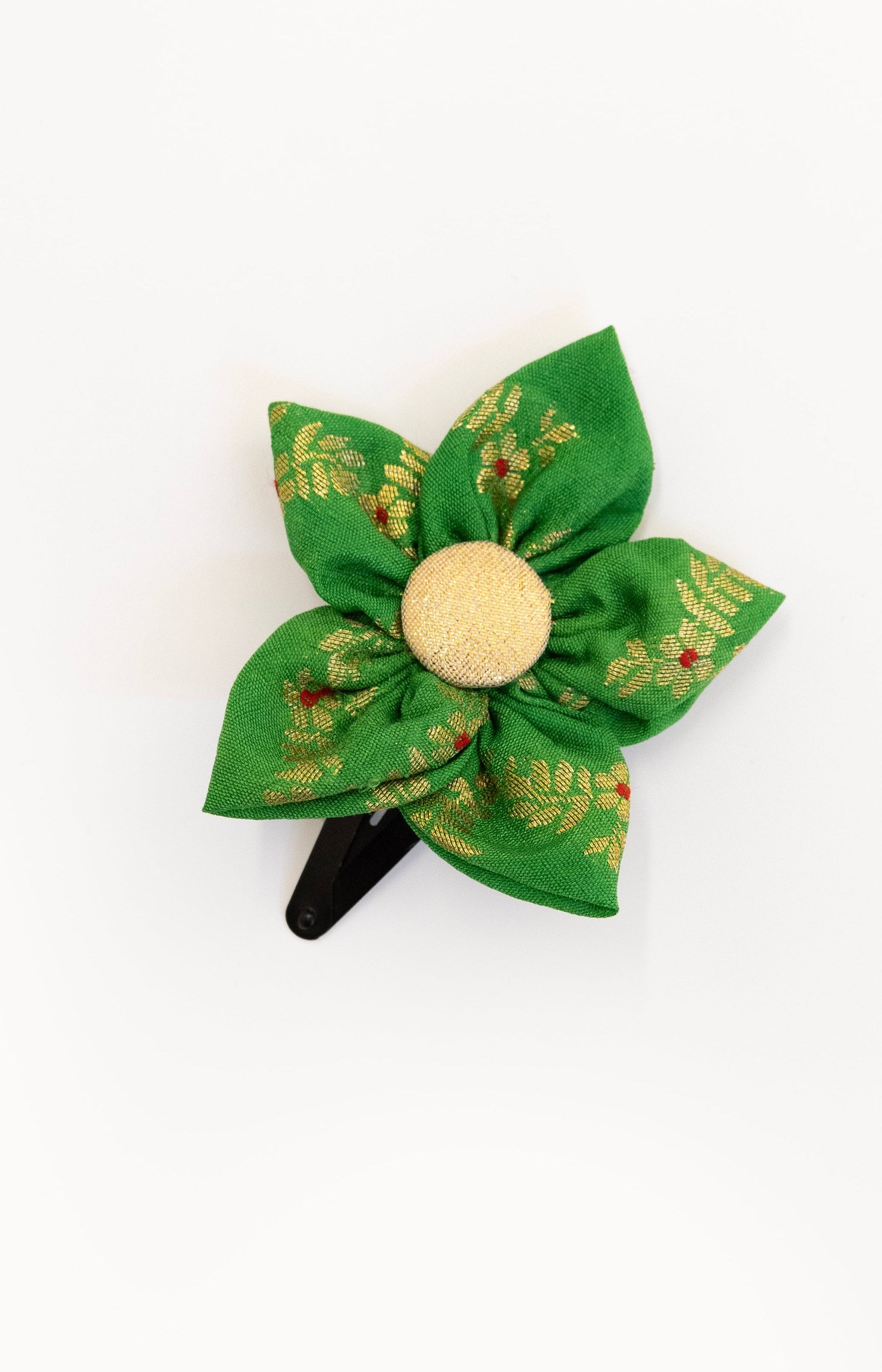 Green Five petals handmade brocade silk fabric flower hairclip for girls