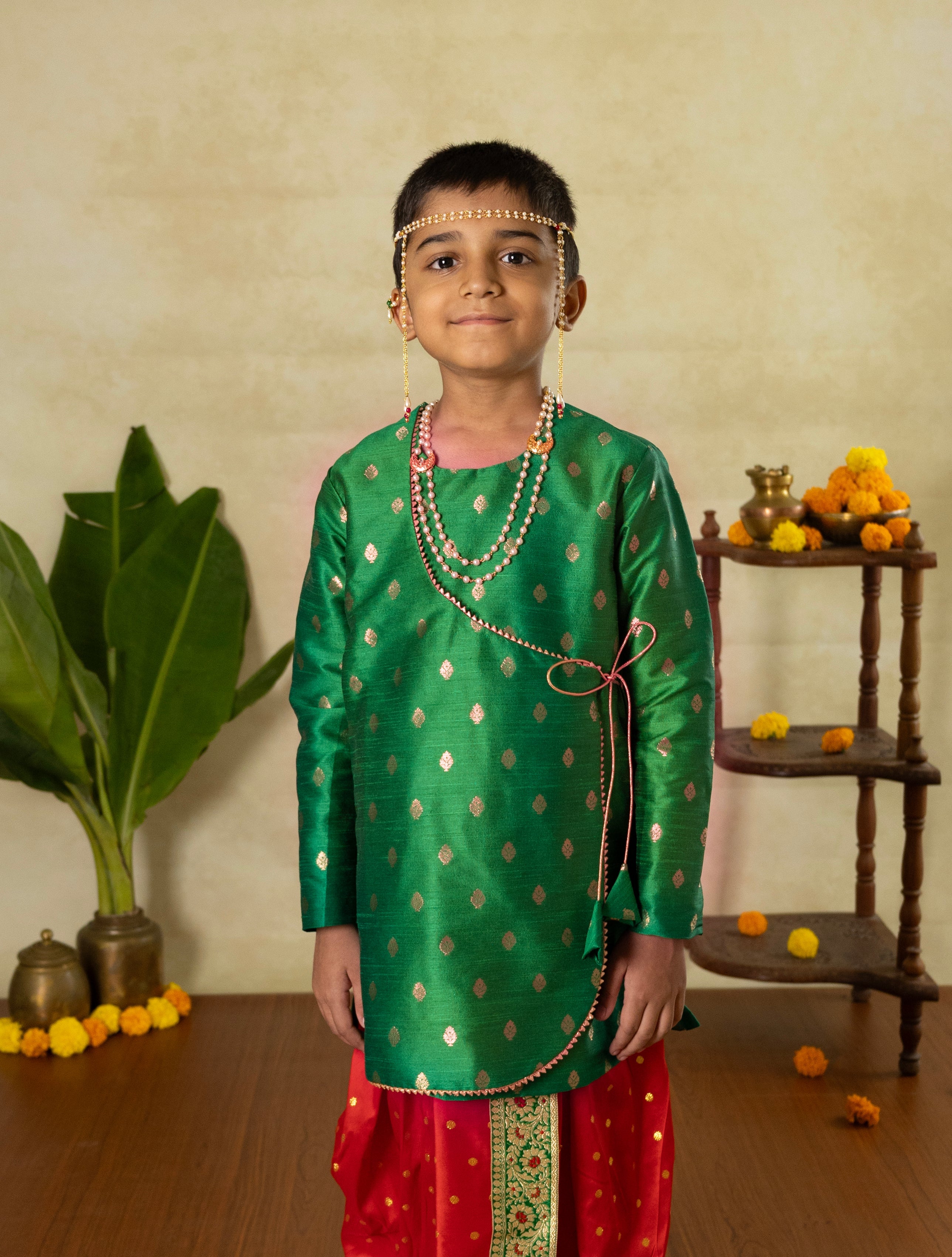 Green raw silk angarakha kurta with red gotta patti overlap and golden tie knots with beautiful latkans for Batu