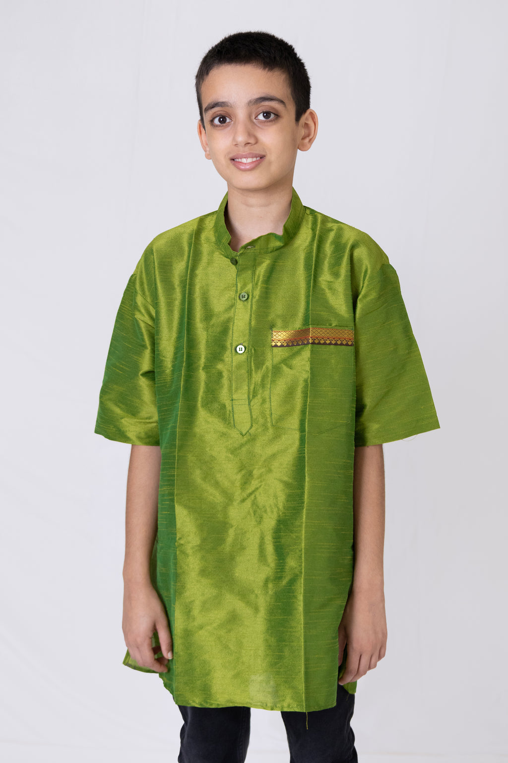 Olive Green Dupion silk stand collar half sleeves short kurta with paithani lace detailing on pocket for Boys