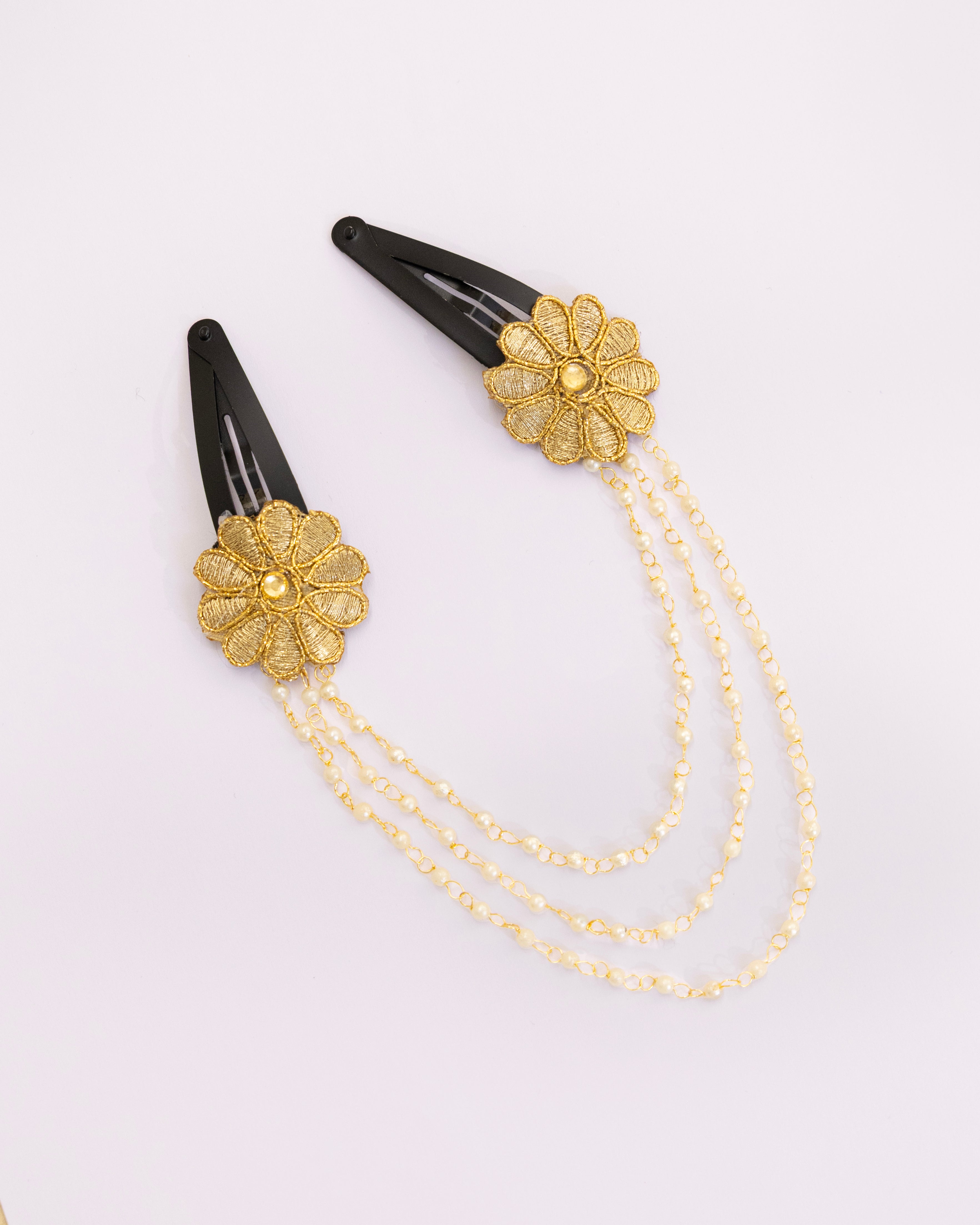 Triveni - Golden two flowers triple layer Pearl chain Hair clips for Girls