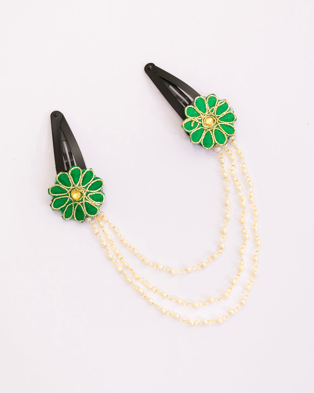 Triveni - Green two flowers triple layer Pearl chain Hair clips for Girls