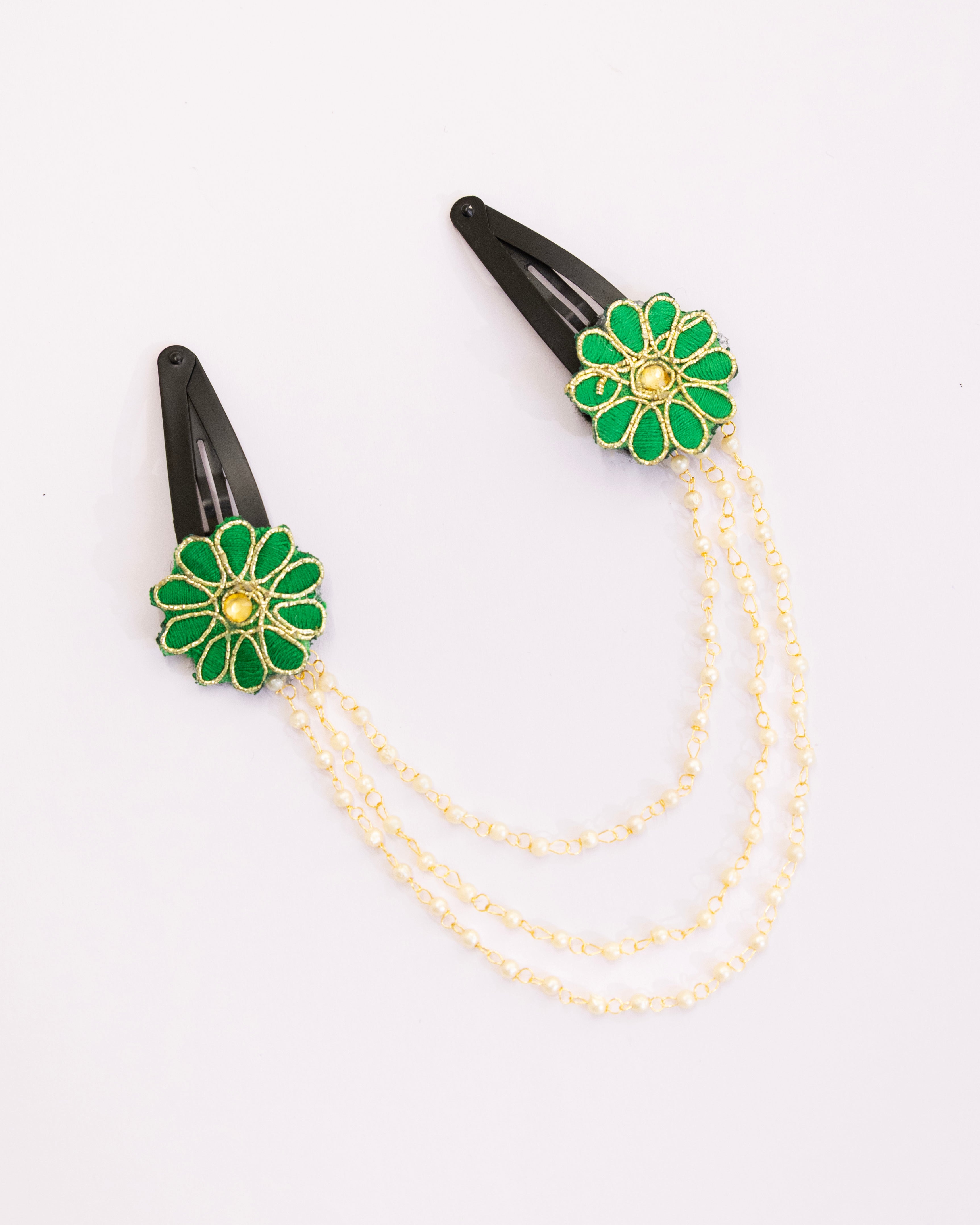 Triveni - Green two flowers triple layer Pearl chain Hair clips for Girls