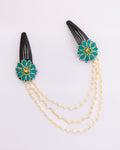 Triveni - Blue two flowers triple layer Pearl chain Hair clips for Girls