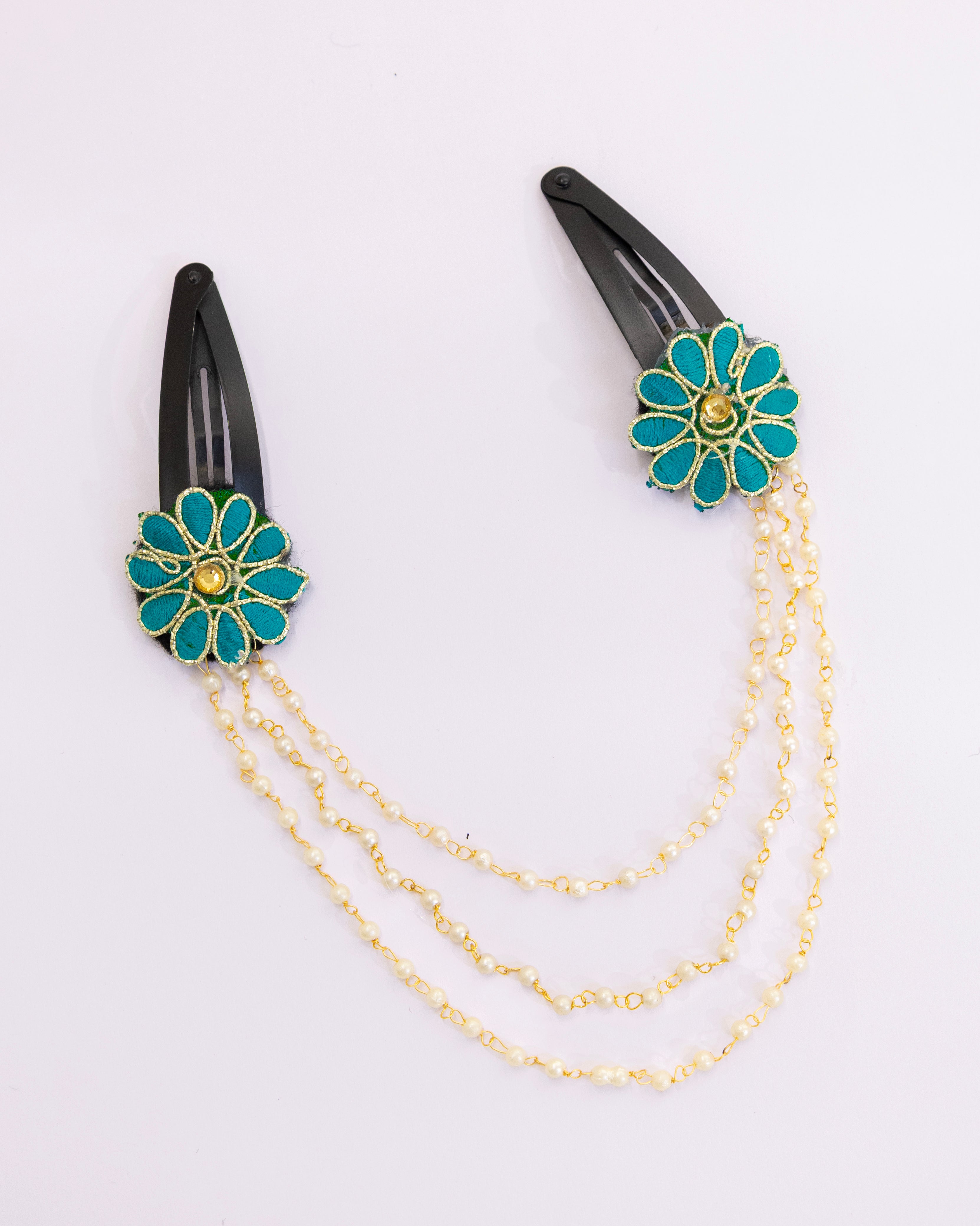 Triveni - Blue two flowers triple layer Pearl chain Hair clips for Girls