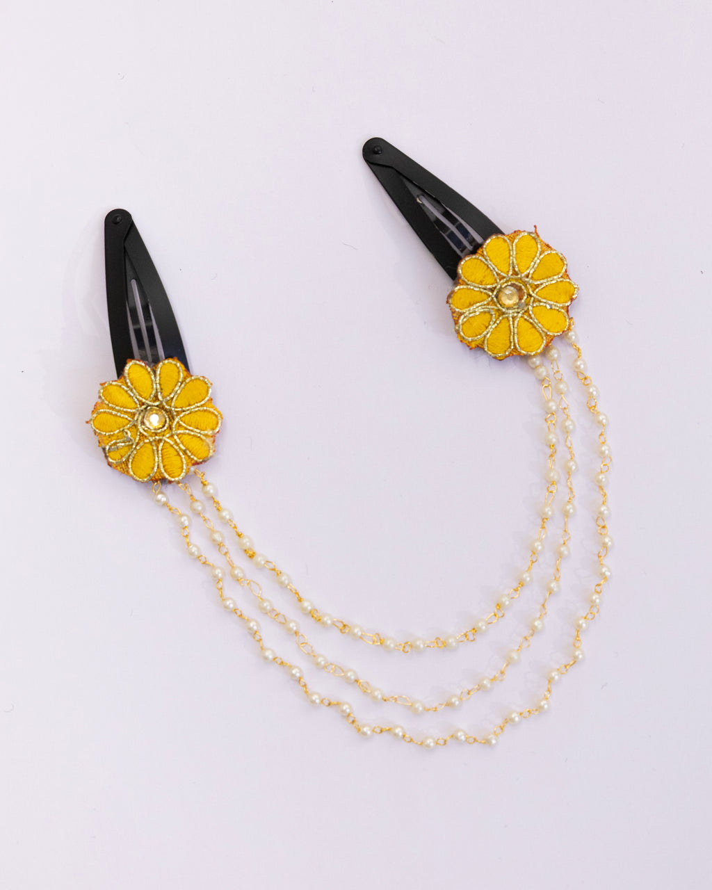 Triveni - Yellow two flowers triple layer Pearl chain Hairclips for Girls