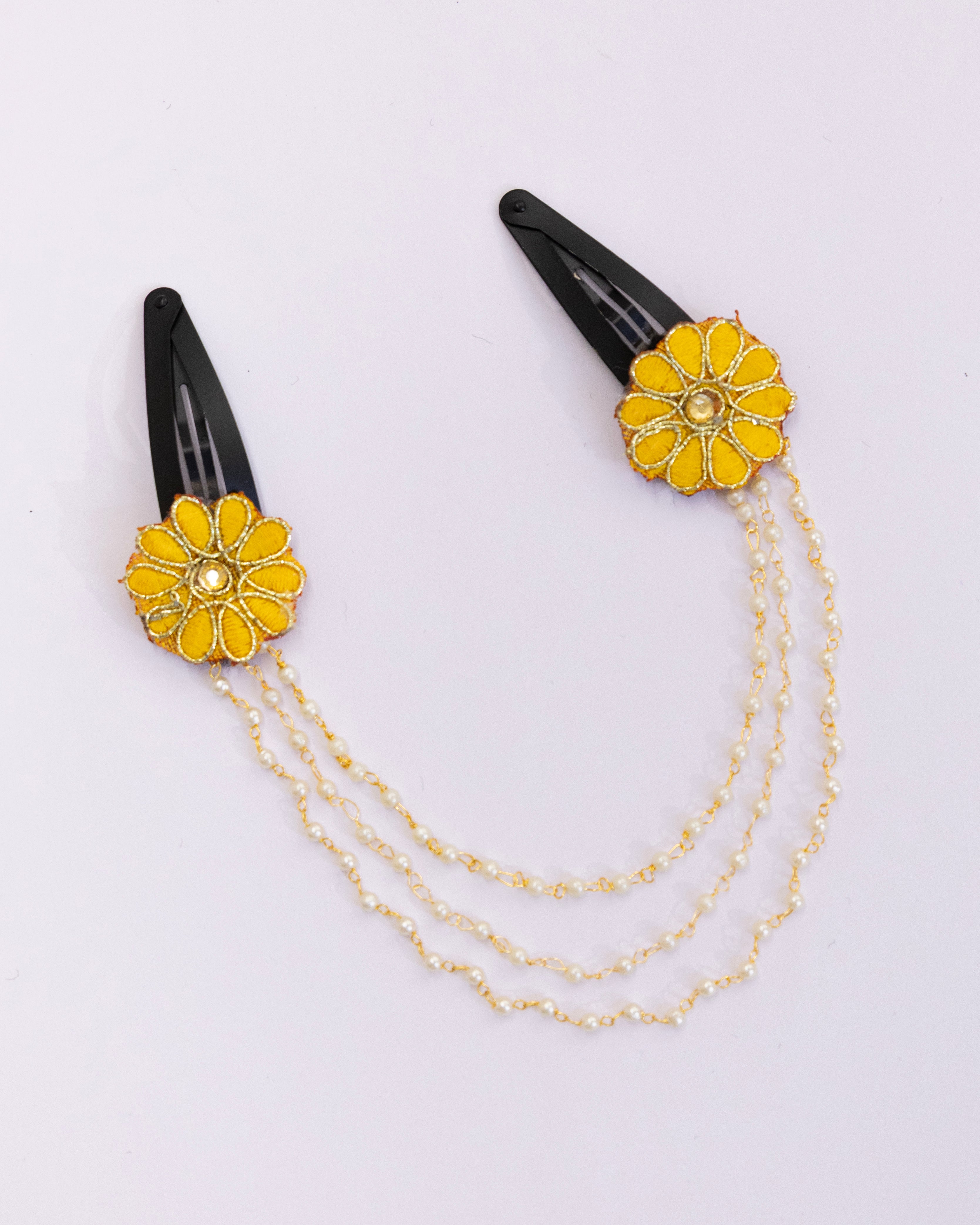 Triveni - Yellow two flowers triple layer Pearl chain Hairclips for Girls