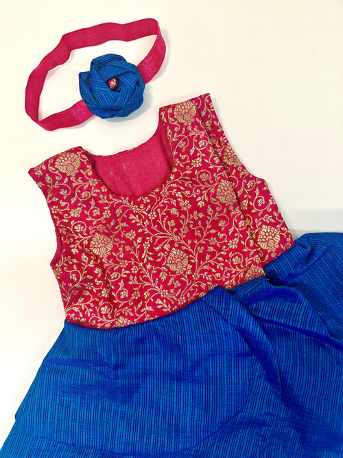 Arnaa Set - Pink Banarasi brocade bodice and Blue kotta silk open layered flair naming ceremony dress dress with bloomer ,headband and booties for a newborn baby girls