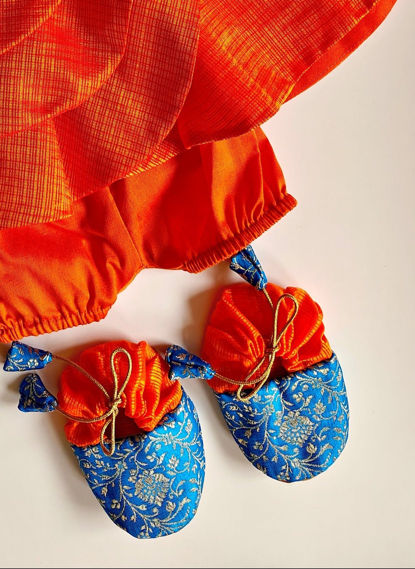 Arnaa Set - Blue Banarasi brocade bodice and Orange kotta silk open layered flair naming ceremony dress dress with bloomer ,headband and booties for a newborn baby girls