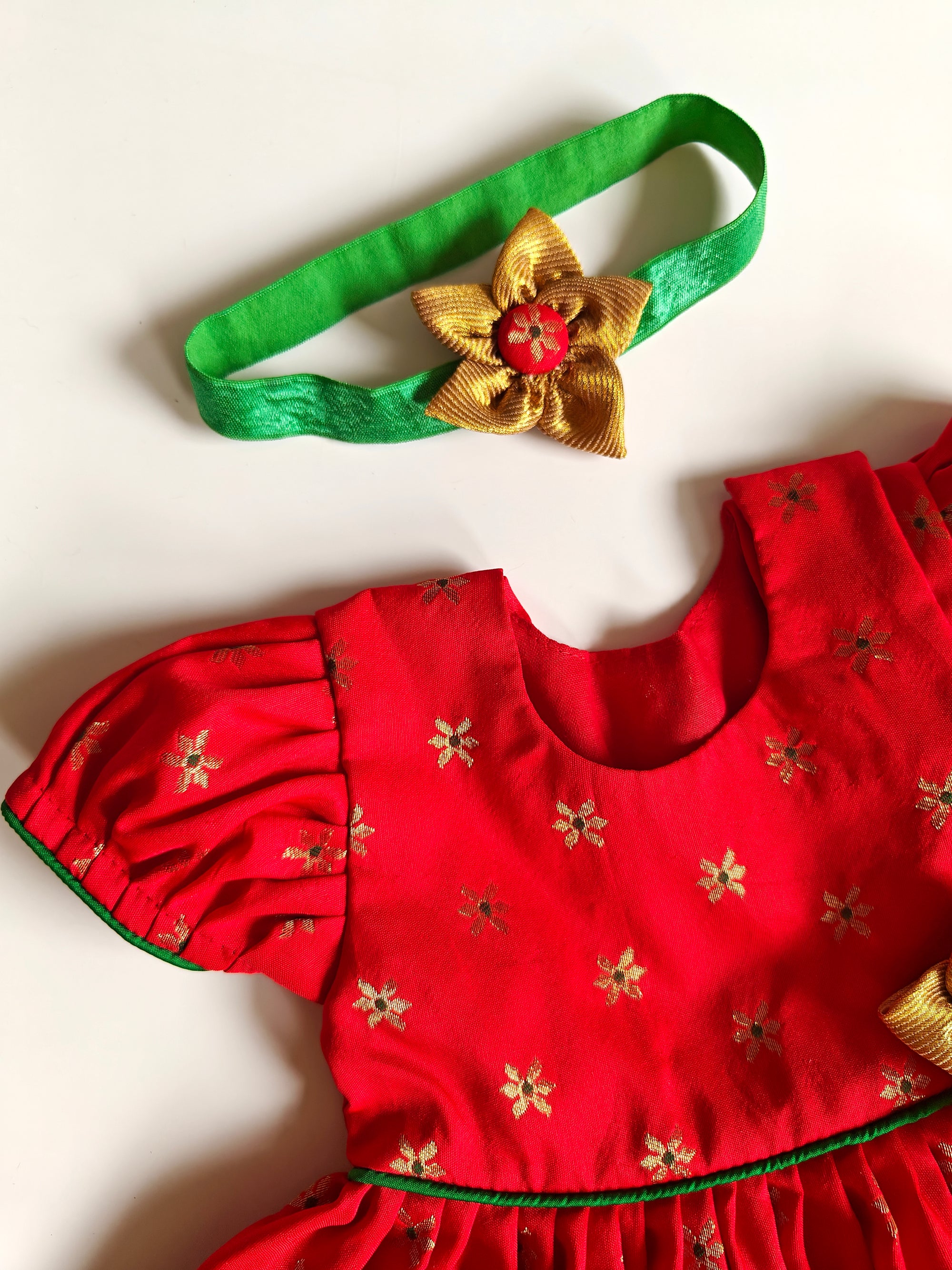 Sadafuli set - Red brocade silk front open frock with puff sleeves, embellished with a handmade fabric flower for Baby Girls