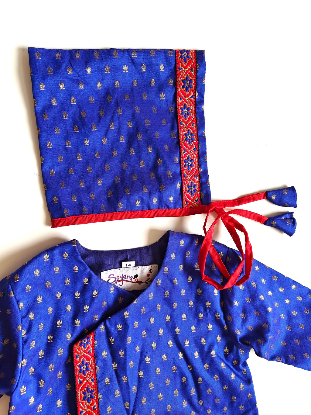 Sharad Set - Royal blue Soft brocade silk front open kurta with contrast lace embellishment and  contrast red pooja silk dhoti set for Baby Boys
