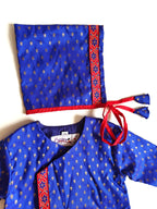 Sharad Set - Royal blue Soft brocade silk front open kurta with contrast lace embellishment and  contrast red pooja silk dhoti set for Baby Boys