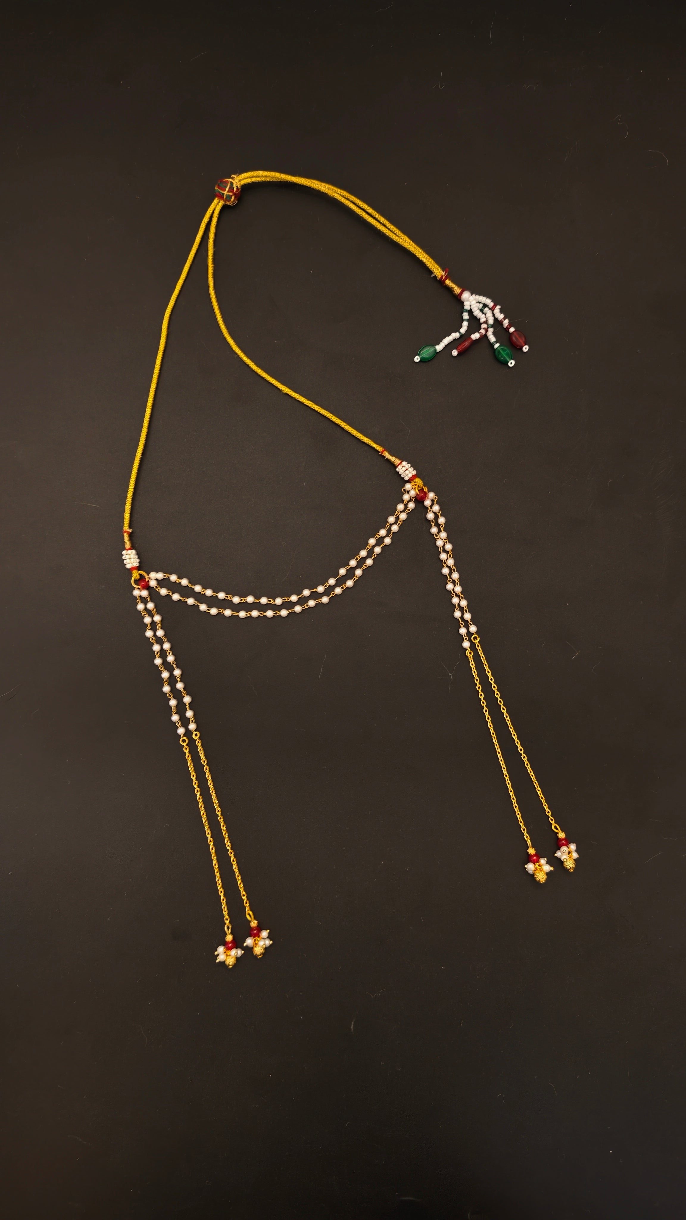 Half pearls chain with half metal chain mundavali with red glass beads latkan for Batu / Groom