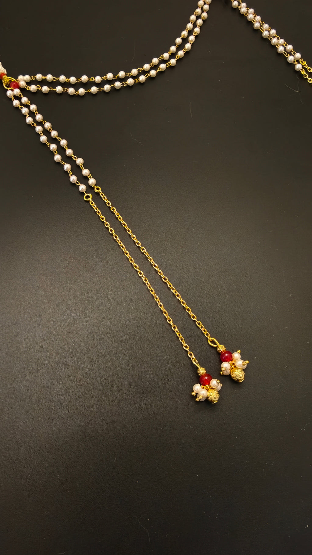 Half pearls chain with half metal chain mundavali with red glass beads latkan for Batu / Groom