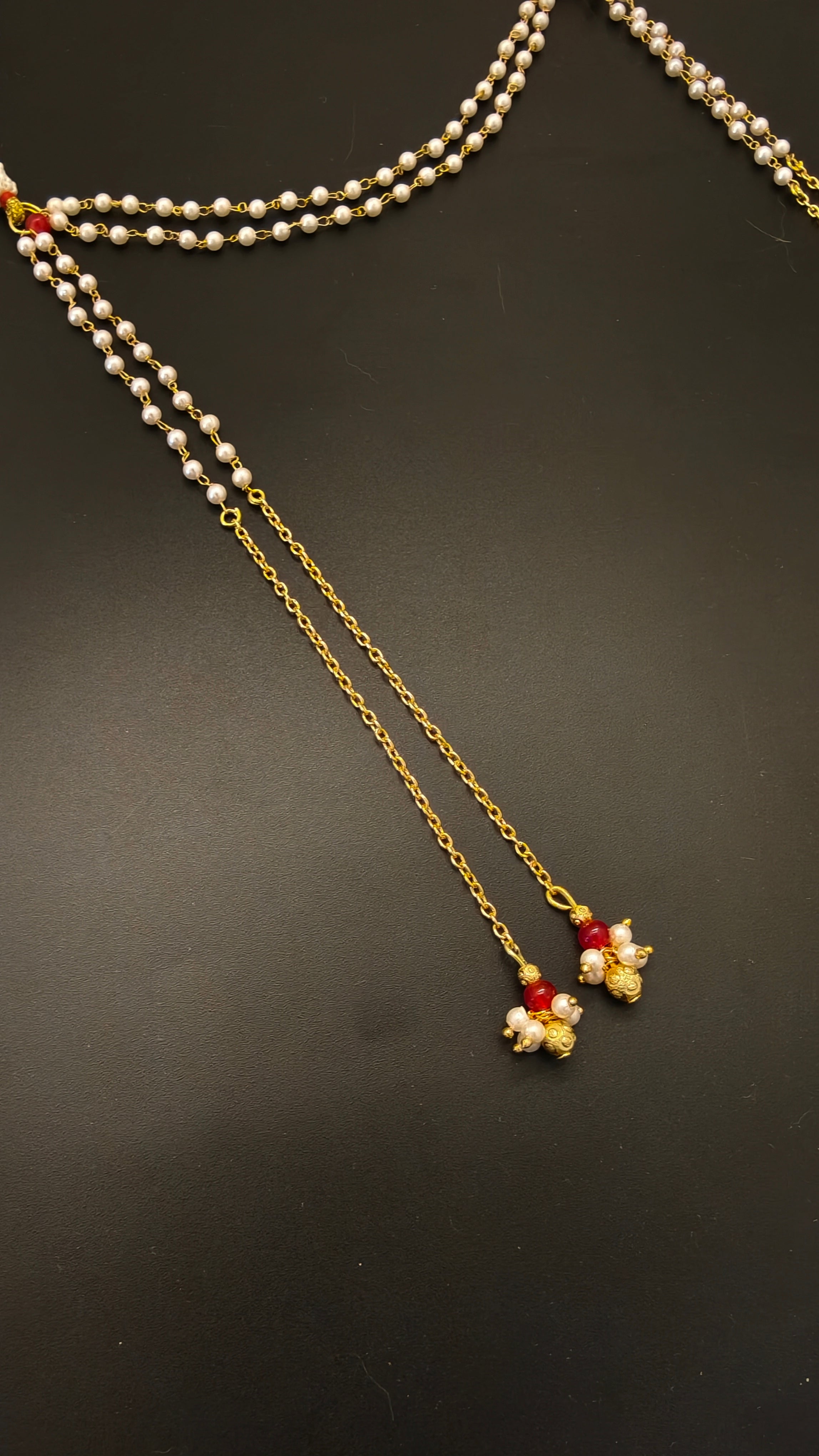 Half pearls chain with half metal chain mundavali with red glass beads latkan for Batu / Groom