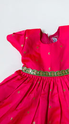 premium silk brocade paithani ethnic frock for newborn baby girl naming ceremony with hair accessories for traditional celebrations, festivals, annaprashan etc