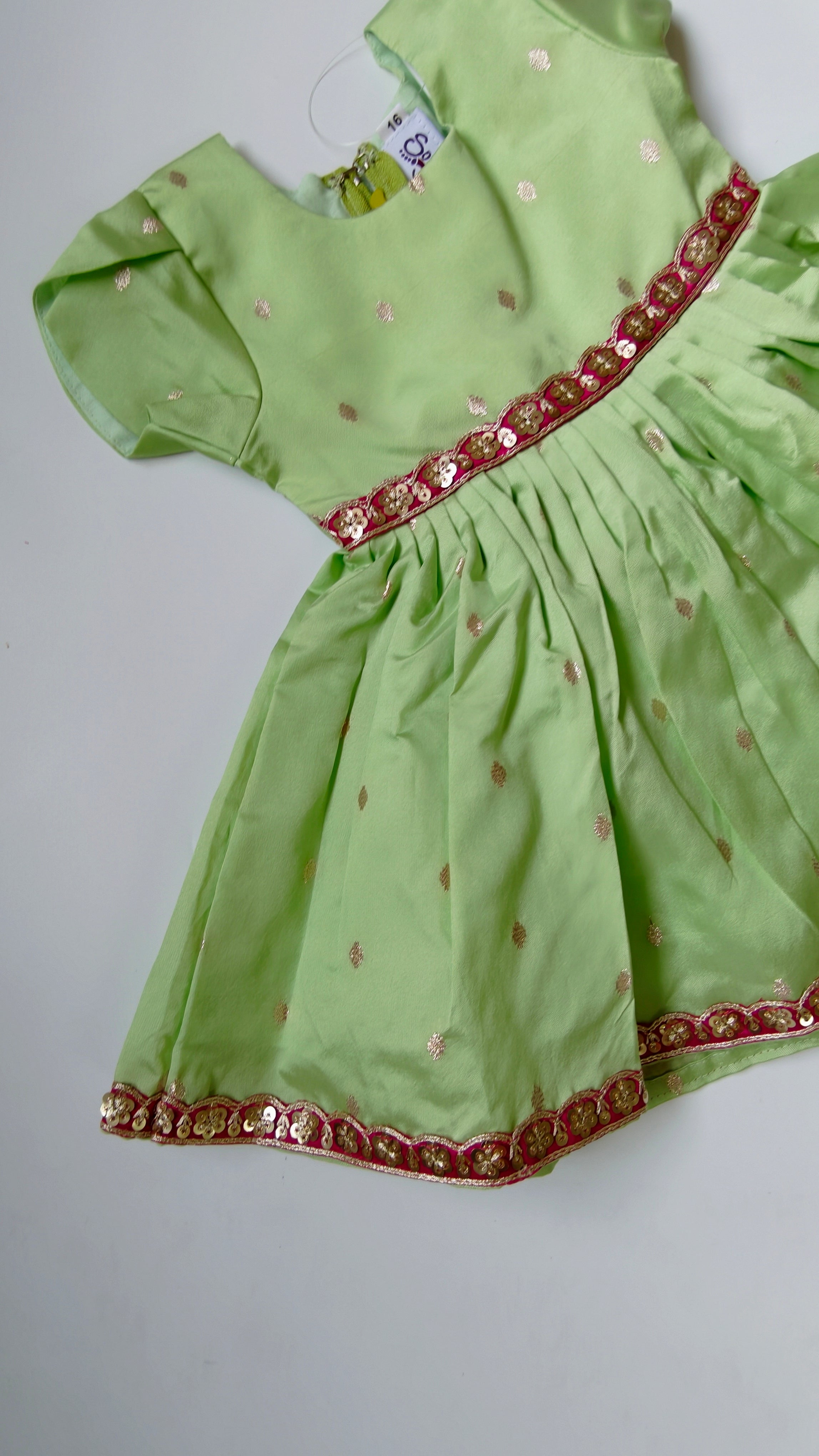 premium silk brocade paithani ethnic frock for newborn baby girl naming ceremony with hair accessories for traditional celebrations, festivals, annaprashan etc