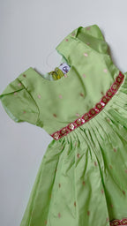 premium silk brocade paithani ethnic frock for newborn baby girl naming ceremony with hair accessories for traditional celebrations, festivals, annaprashan etc