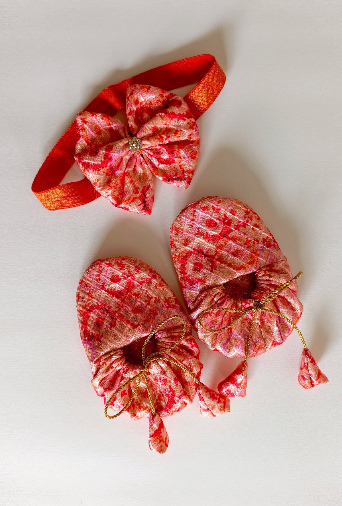 Handcrafted Orange Printed Baby Booties & Matching Headband Set