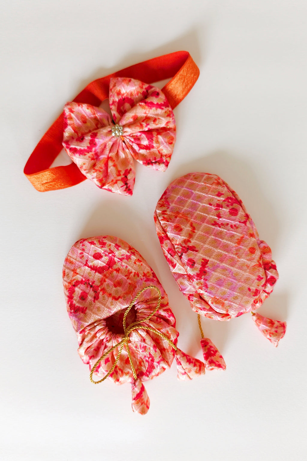 Handcrafted Orange Printed Baby Booties & Matching Headband Set