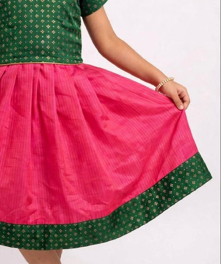 Pink Kotta Silk Flared Dress With Green Brocade Silk Bodice