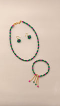 Aqua Green With Pink Crystal Beads Necklace And Earrings Set With Bracelet