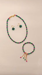 Aqua Green With Pink Crystal Beads Necklace And Earrings Set With Bracelet