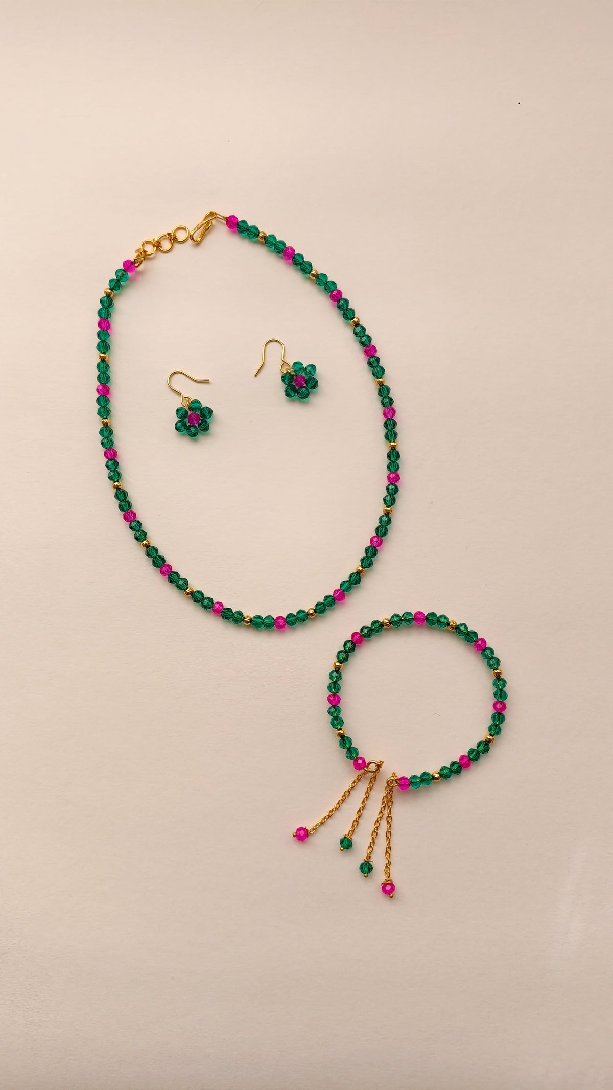 Aqua Green With Pink Crystal Beads Necklace And Earrings Set With Bracelet