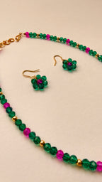 Aqua Green With Pink Crystal Beads Necklace And Earrings Set With Bracelet