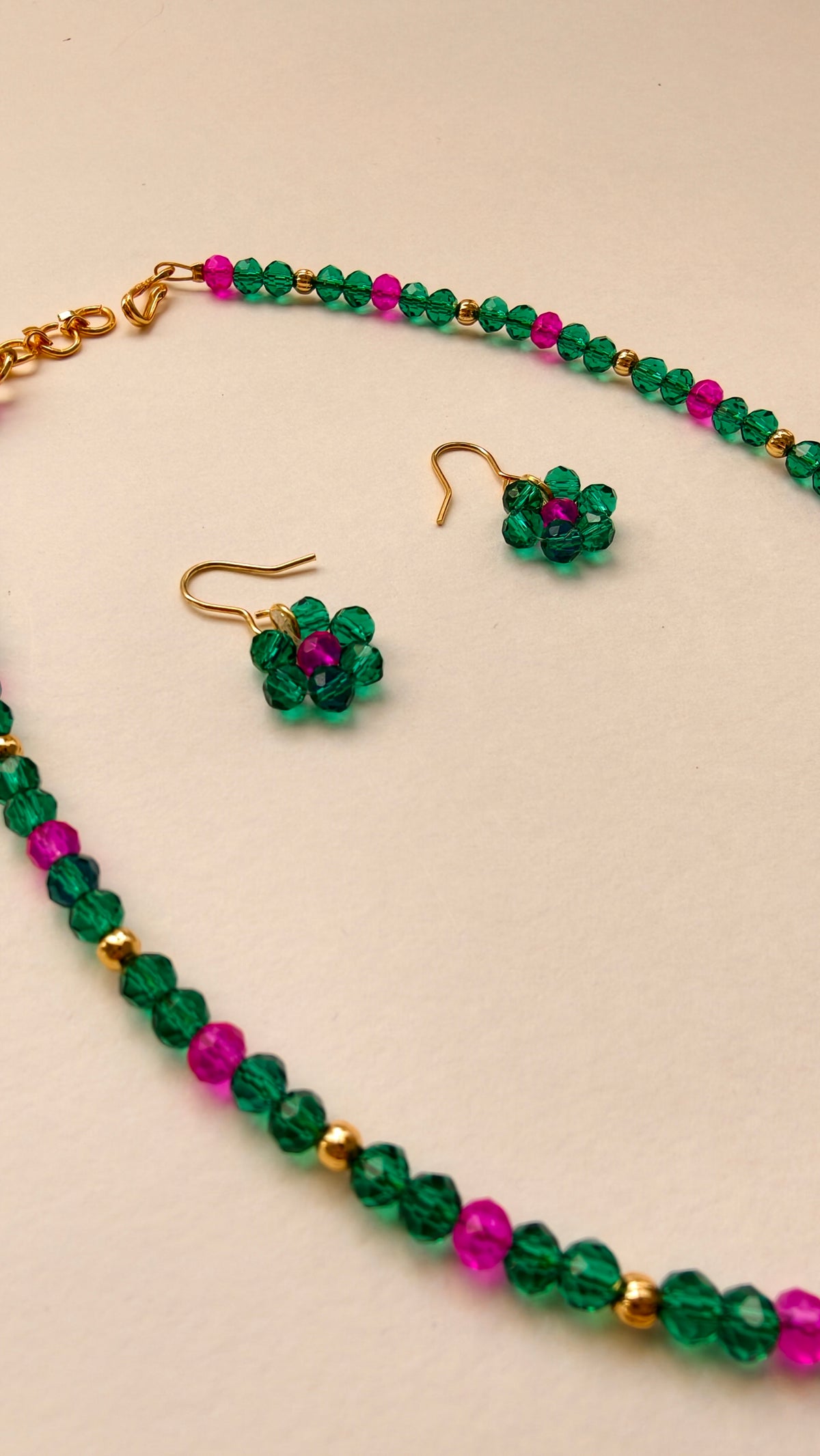 Aqua Green With Pink Crystal Beads Necklace And Earrings Set With Bracelet