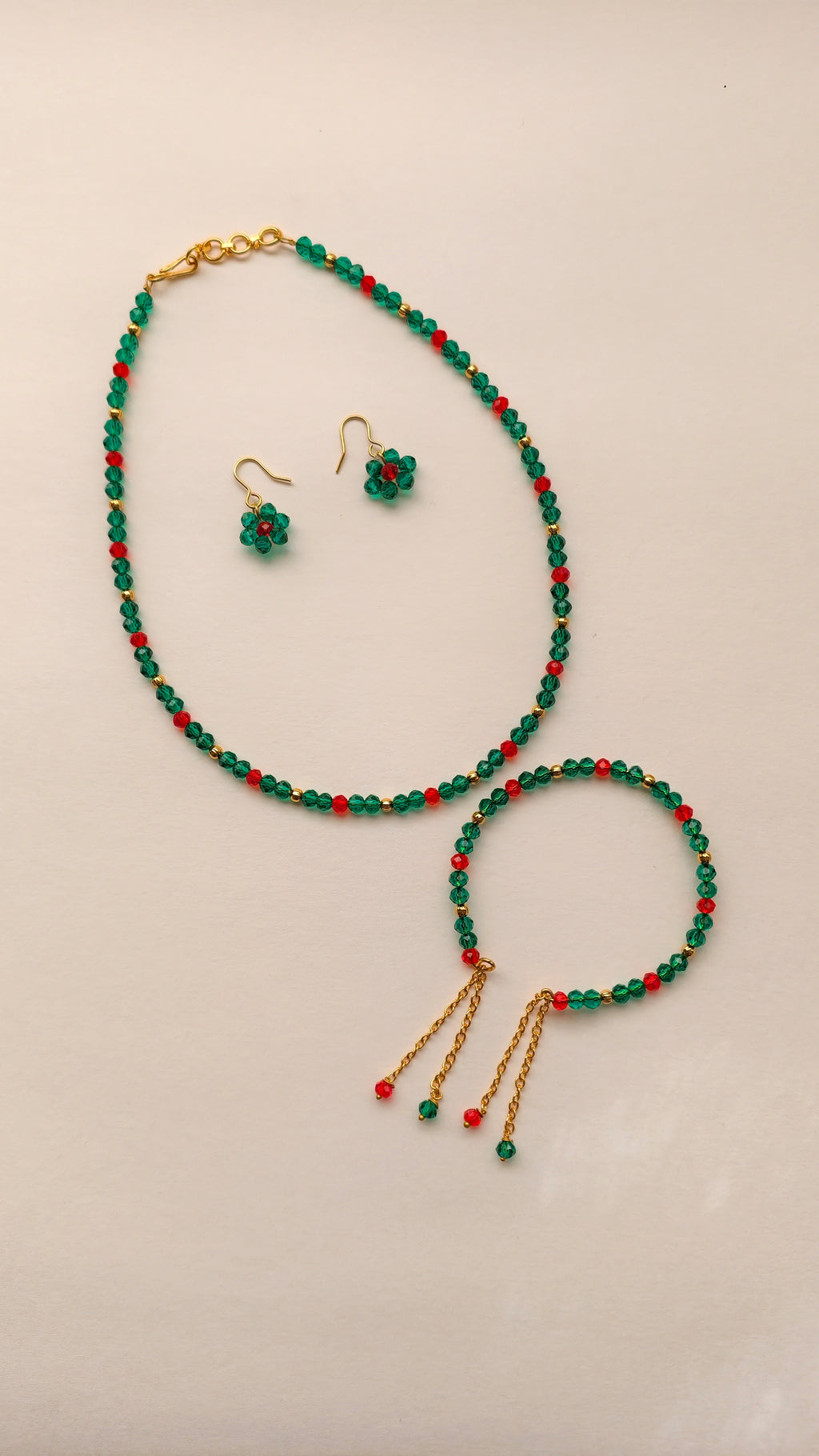 Aqua Green With Red Crystal Beads Necklace And Earrings Set With Bracelet