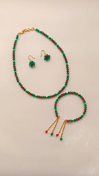 Aqua Green With Red Crystal Beads Necklace And Earrings Set With Bracelet
