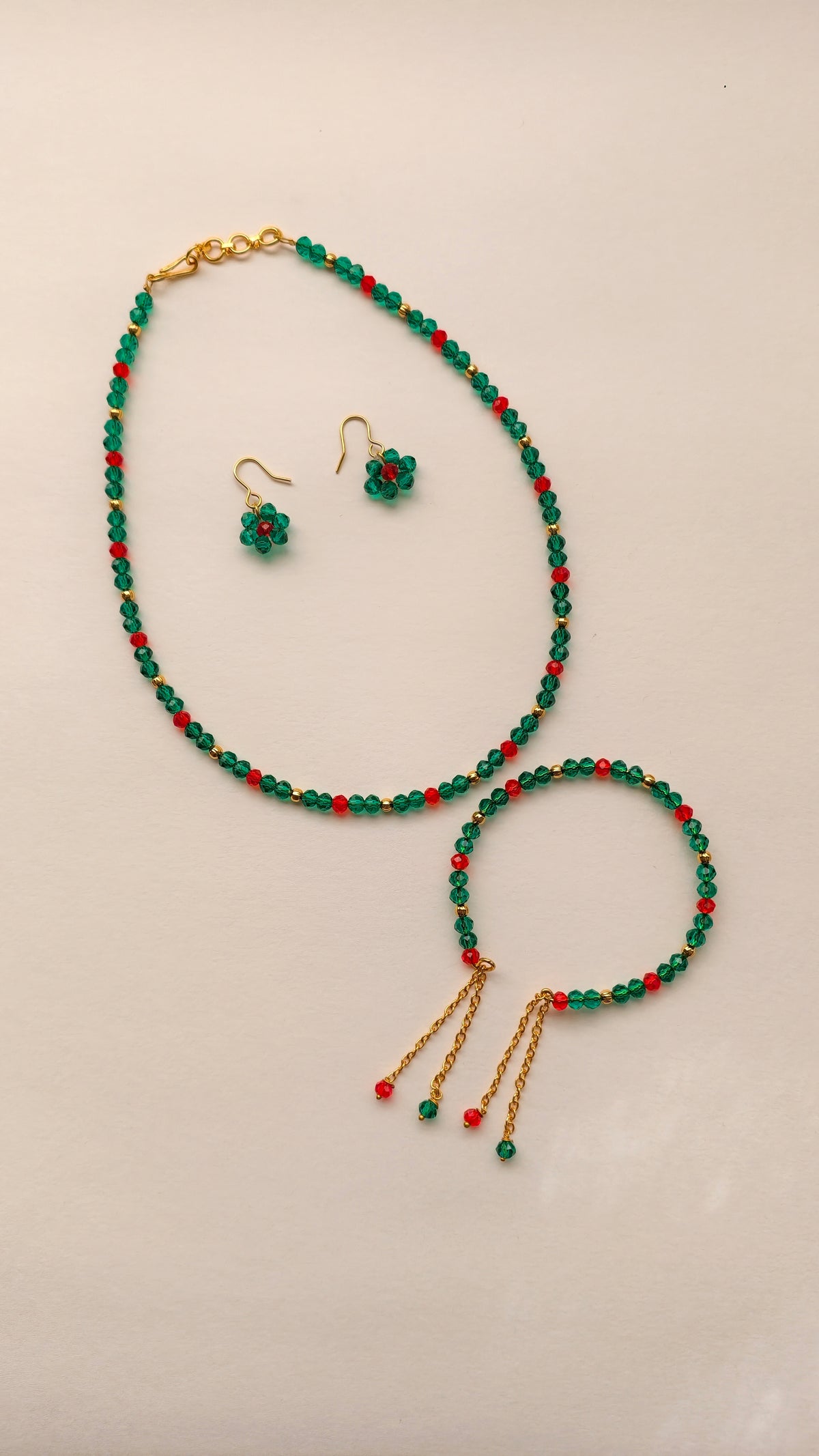 Aqua Green With Red Crystal Beads Necklace And Earrings Set With Bracelet