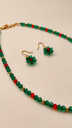 Aqua Green With Red Crystal Beads Necklace And Earrings Set With Bracelet