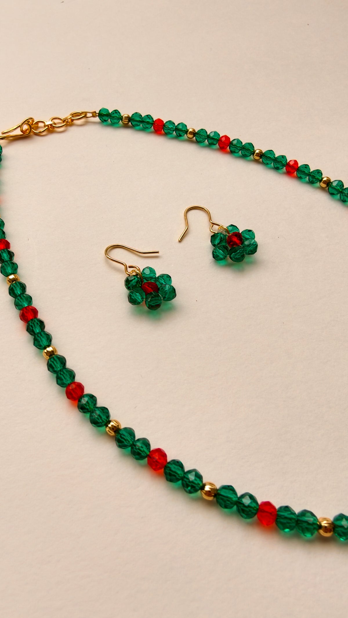 Aqua Green With Red Crystal Beads Necklace And Earrings Set With Bracelet