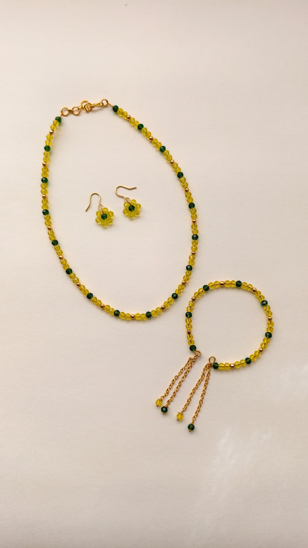 Yellow With Green Crystal Beads Necklace And Earrings Set With Bracelet