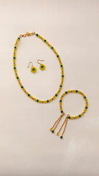 Yellow With Green Crystal Beads Necklace And Earrings Set With Bracelet