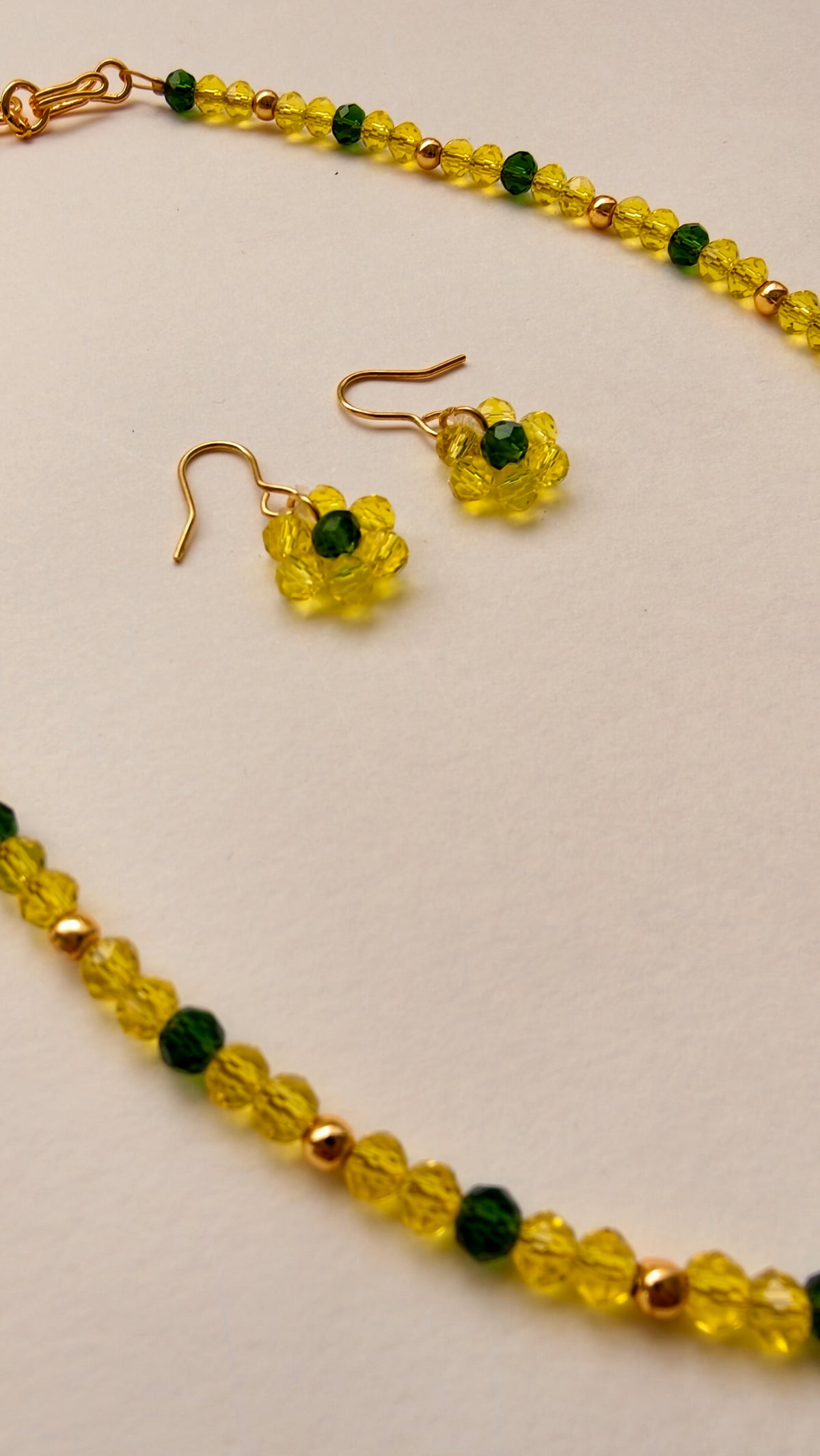 Yellow With Green Crystal Beads Necklace And Earrings Set With Bracelet