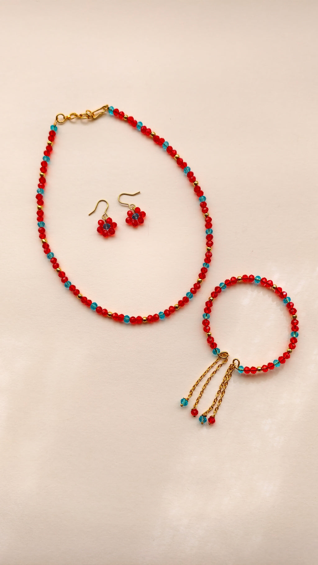 Red With Sky Blue Crystal Beads Necklace And Earrings Set With Bracelet