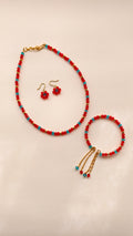 Red With Sky Blue Crystal Beads Necklace And Earrings Set With Bracelet