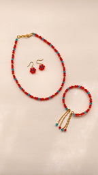 Red With Sky Blue Crystal Beads Necklace And Earrings Set With Bracelet