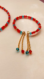 Red With Sky Blue Crystal Beads Necklace And Earrings Set With Bracelet